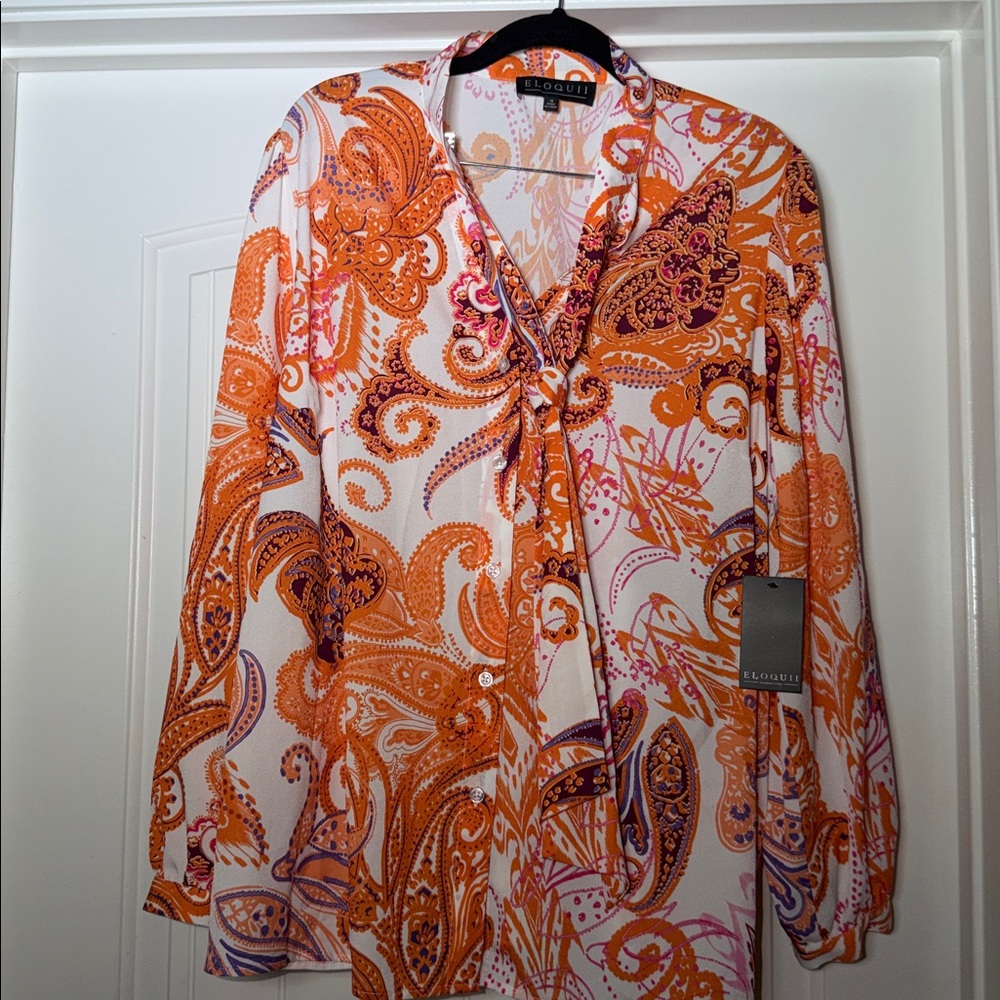 Retro Vibrant Orange and Purple Paisley Dress Shirt with front tie